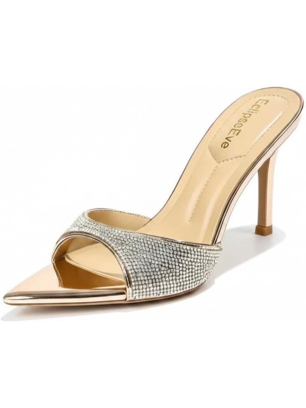 Women's Champagne Stiletto Mules 3.54 Inch Slip-On Pointed Open Toe High Heels